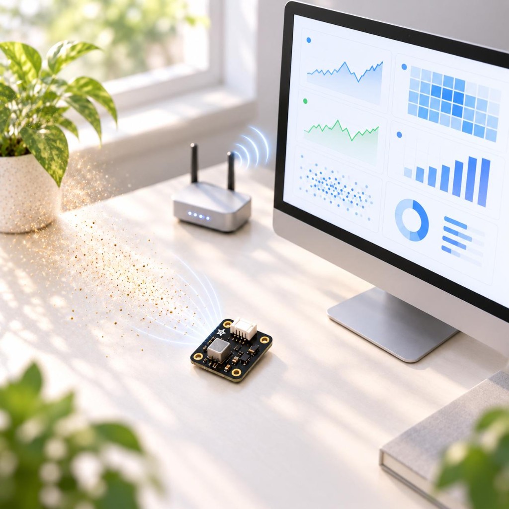A gas sensor on a desk, with particles in the air, a Wi-Fi router, and a monitor showing live charts.