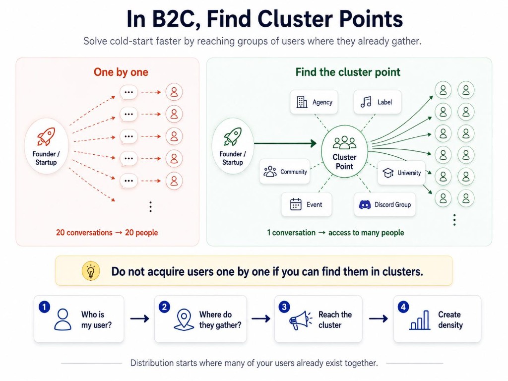 In B2C, find cluster points. One conversation should give you access to many people.